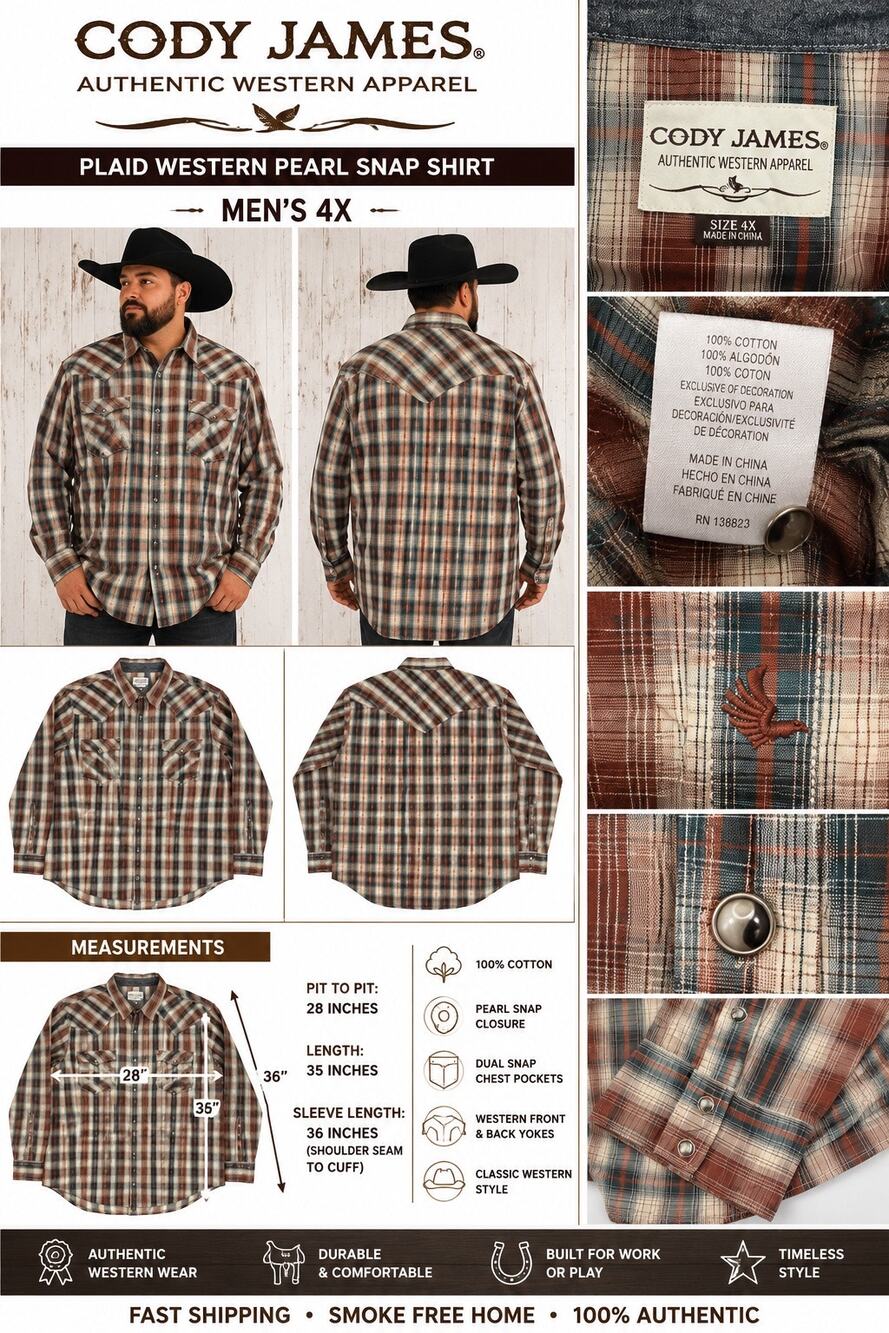 Cody James Mens 4X Plaid Western Pearl Snap Shirt Brown Blue Long Sleeve